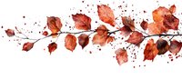 Watercolor branch with red autumn leaves and paint splatters on white background, artistic botanical illustration for seasonal designs and decorations.
