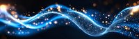 Glowing blue wave of particles with sparkling light effects on dark background, flowing digital technology stream with bokeh elements and luminous dots.