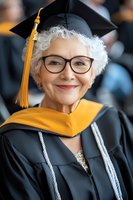 Senior woman with white curly hair wearing graduation cap and gown with yellow tassel and hood, smiling proudly at commencement ceremony.