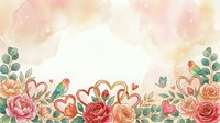 Watercolor floral frame with roses, peonies, and eucalyptus leaves featuring heart shapes and soft pink, coral tones on white background, isolated for design use.