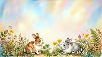 Cute rabbits sitting among wildflowers and green plants in a meadow garden setting, surrounded by yellow and pink blooms for children's book illustrations.
