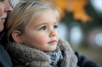 Young girl with blonde hair and blue eyes wearing warm winter scarf looks thoughtfully into distance against blurred autumn background, soft natural lighting creates gentle mood.