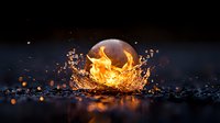 Dramatic sphere of fire and water colliding in dark environment with splashing droplets and glowing embers creating magical elemental contrast effect.