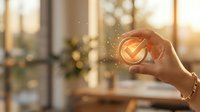 Hand holding glowing light bulb with sparkling effects in warm sunlit room representing innovation, creativity, and bright ideas for business solutions.