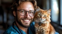 Young Caucasian man with glasses and beard holding ginger long-haired cat, both looking at camera. Close up portrait showing genuine connection between pet owner and feline.