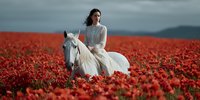 Young woman in white dress riding white horse through vibrant red tulip field under dramatic cloudy sky for romantic fantasy concepts.