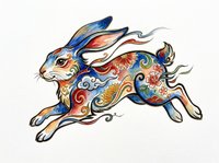Colorful ornate rabbit leaping, decorated with floral and swirl motifs in folk art style, isolated on transparent background, ready for t-shirts, stickers, and print on demand.
