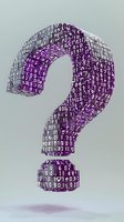 Question mark symbol made of binary code and digital numbers in purple and white colors floating on light background with soft shadow effect.