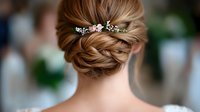 Elegant bridal updo hairstyle with small white flowers and delicate greenery, showing twisted low bun from behind. Wedding hair inspiration for special occasions.