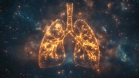 Glowing golden lungs constellation against cosmic nebula background with sparkling stars and ethereal space elements in dark blue tones.