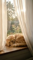 Ginger tabby cat resting on windowsill behind sheer curtains with rainy garden view outside, cozy home interior scene for lifestyle and pet content.