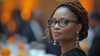 Young African American businesswoman with braided hair and glasses smiling confidently against warm bokeh background, wearing professional attire and elegant earrings.