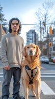 Young Asian man with long hair in casual sweater standing with Golden Retriever dog on urban street. Warm evening lighting creates peaceful city atmosphere.