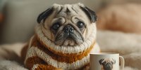 Adorable pug dog wearing cozy knit sweater sitting with coffee mug featuring pug design on comfortable sofa in warm home interior setting.
