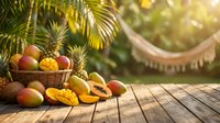 Tropical fruit basket with fresh mango, pineapple and exotic fruits on wooden deck with palm leaves and hammock in sunny paradise setting.