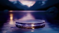 Transparent glass platform floating on purple water surface with mountain silhouettes at twilight, creating mystical atmosphere for product display.