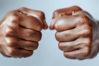 Close-up of African American clenched fists showing tension and strength against light background, representing power, resistance, determination and unity.