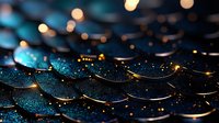 Shimmering dark teal fish scales with golden light reflections and water droplets create magical abstract pattern. Macro photography reveals intricate natural texture.