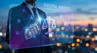 Professional businessman touching digital justice interface with scales of law symbol and network connections against city skyline at sunset.