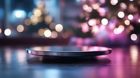Sleek smartphone on reflective surface with dreamy pink and blue bokeh lights creating magical atmosphere, modern technology concept for mobile display mockup.