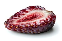 Fresh cut strawberry half showing detailed internal texture and seeds against white background, macro photography highlighting natural red color and juicy flesh.