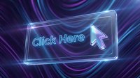 Glowing neon click here button with cursor arrow on dark purple blue abstract background, futuristic glassmorphism UI web design element.