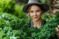 Young woman with fair complexion and brown hair wearing a gray hat, surrounded by fresh green kale plants in a garden setting, suitable for agriculture and farming content.