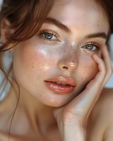 Beautiful close-up portrait of young Caucasian woman with natural freckles, blue eyes, and glowing skin. Perfect for beauty, skincare, and cosmetic advertising campaigns.