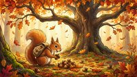 Cute cartoon squirrel gathering acorns under autumn tree with golden falling leaves in magical forest setting for children's book illustration.