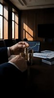 Businessman stacking golden coins on desk with financial charts and graphs in modern office with dramatic window lighting for investment planning.