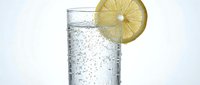 Sparkling water with fresh lemon slice on white background, isolated beverage for beverage, food and drink design projects.