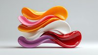 Colorful abstract wavy shapes in orange, pink, white, and red arranged in a flowing composition against neutral gray background.