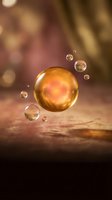 Golden transparent bubbles floating above wooden surface with warm bokeh background creating dreamy atmospheric scene for luxury product displays.