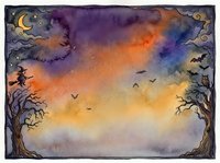 Spooky Halloween watercolor landscape with bare trees, flying bats, crescent moon and dramatic sunset sky creating atmospheric autumn scene for seasonal designs.