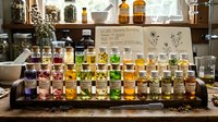 Colorful herbal tinctures and essential oils in glass bottles displayed on a wooden tray in a rustic apothecary setting.