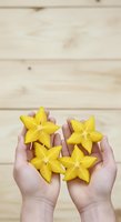 Hands holding four bright yellow star fruit slices against a light wooden background, showcasing fresh tropical produce for culinary and wellness content.