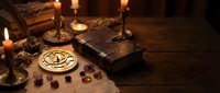 Mystical fortune telling setup with tarot cards, burning candles, crystals and occult symbols on wooden table creating atmospheric divination scene.