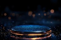 Glowing circular platform with blue sparkles and golden light effects against dark background, creating magical product display space for luxury items.