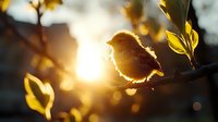 Small bird silhouette perched on branch with golden sunlight creating warm backlit glow through green leaves during sunset or sunrise in natural outdoor setting.