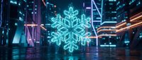 Glowing cyan snowflake hologram floating in futuristic neon-lit digital environment with purple and orange light trails for winter technology concepts.
