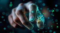 Glowing particles form ethereal finger silhouettes against dark background, creating magical effect with turquoise and gold sparkles floating in mysterious space.