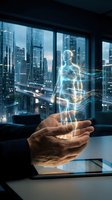 Mature male hand holding tablet displaying glowing digital human hologram with cityscape skyline background, representing technology, innovation, and future business solutions.
