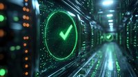 Glowing green checkmark on digital radar screen in dark server room with binary code overlay, representing cybersecurity and system verification status.