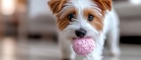 Adorable Yorkshire Terrier puppy playing with pink knitted ball toy indoors. Small dog with silky coat enjoying playtime at home.