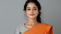 Young South Asian woman wearing orange sari and silver blouse smiling at camera against gray background. Natural makeup and black hair in casual updo style.