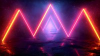 Glowing neon triangles form geometric pattern on dark reflective surface with purple and orange light trails against starry cosmic background. Futuristic night scene.