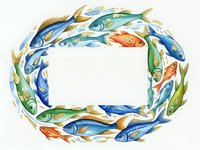 Watercolor fish frame with colorful marine life swimming in circular pattern on white background for seafood restaurant menus and ocean themed designs.