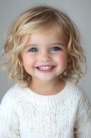 Cheerful young child with blonde curly hair and bright blue eyes wearing white knitted sweater, showing genuine smile with baby teeth against neutral background.