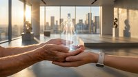 Elderly and young hands holding glowing human hologram in modern office with city skyline. Technology healthcare mentorship concept.