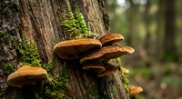 Orange bracket fungi growing on moss-covered tree trunk in forest ecosystem. Natural woodland decomposition process with shelf mushrooms on bark.